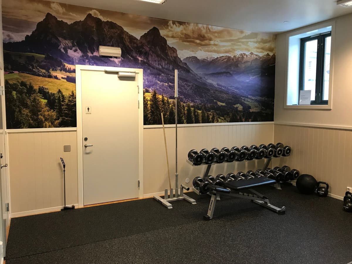 Treningsrom med manualer og et stort fjellmotiv på veggen
