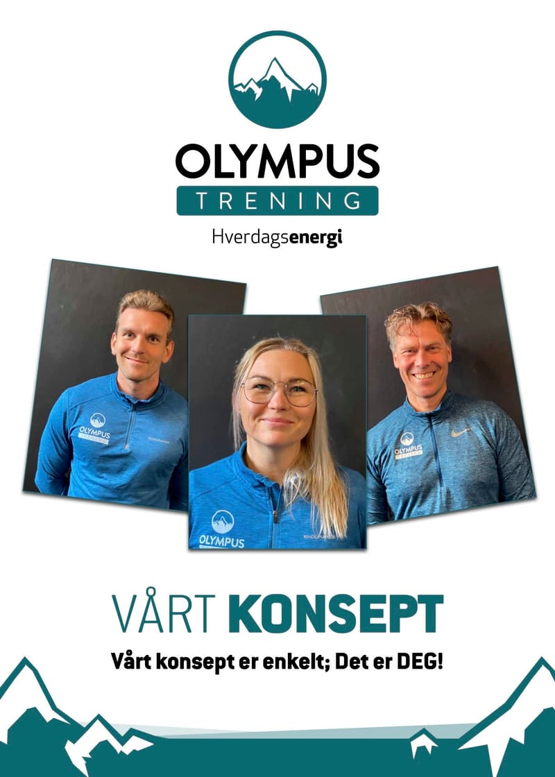Plakat for Olympus Trening: «Vårt konsept er enkelt; Det er DEG!» med de personlige trenerne Trausti, Nina og Alfred